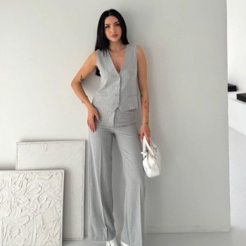 Kadın Çizgili Tansel Kumaş Yelek Pantolon İkili Takım Ofis Şık Modern - Gri