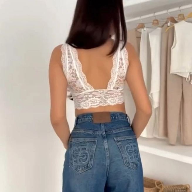 Kadın Dantel Bralet Crop Sütyen V Yaka Askılı Şık Esnek Rahat - Beyaz