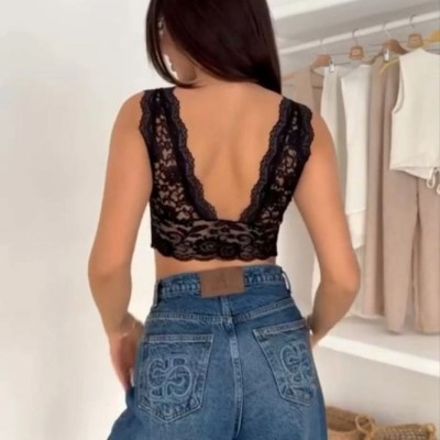 Kadın Dantel Bralet Crop Sütyen V Yaka Askılı Şık Esnek Rahat - Siyah