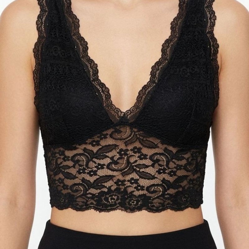 Kadın Dantel Bralet Crop Sütyen V Yaka Askılı Şık Esnek Rahat - Siyah