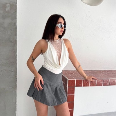 Kadın Dantel Detaylı Derin Dekolte Body Şık Kolsuz Yazlık Bodysuit - Beyaz