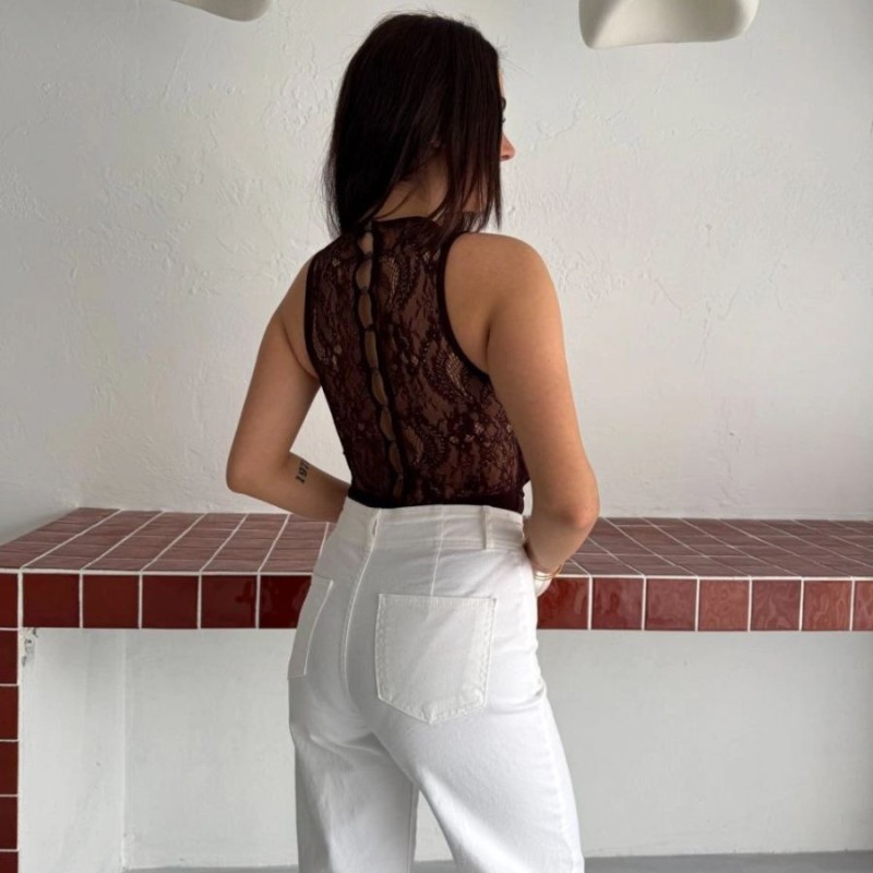 Kadın Dantel Detaylı Derin Dekolte Body Şık Kolsuz Yazlık Bodysuit - Kahvrenegi