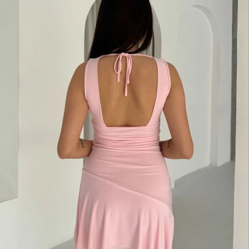Kadın Derin V Yaka Sırt Dekolteli Mini Elbise Drapeli Şık Kolsuz - Pembe