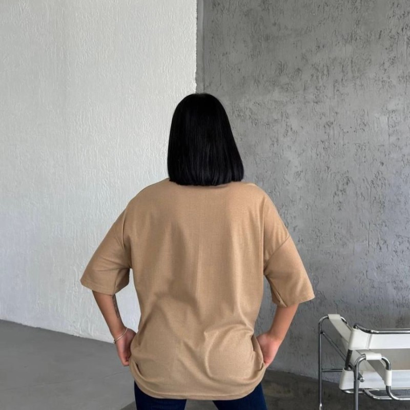 Kadın Düz T-Shirt Kısa Kol Bisiklet Yaka Oversize Rahat Kalıp Günlük Tişört - Bej