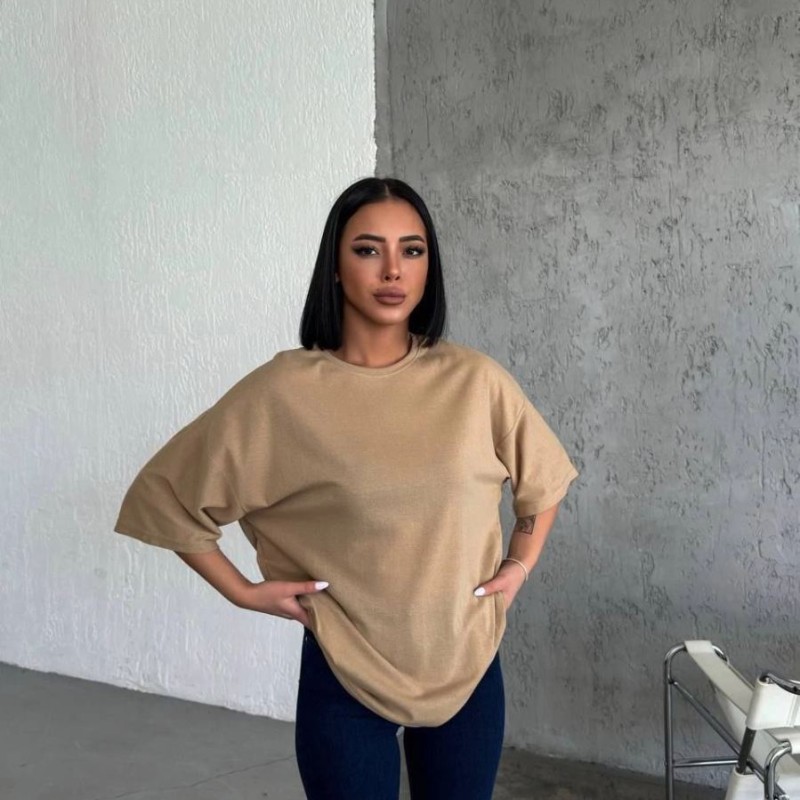Kadın Düz T-Shirt Kısa Kol Bisiklet Yaka Oversize Rahat Kalıp Günlük Tişört - Bej