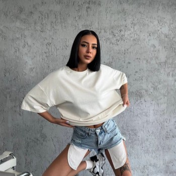 Kadın Düz T-Shirt Kısa Kol Bisiklet Yaka Oversize Rahat Kalıp Günlük Tişört - Beyaz