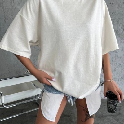Kadın Düz T-Shirt Kısa Kol Bisiklet Yaka Oversize Rahat Kalıp Günlük Tişört - Beyaz