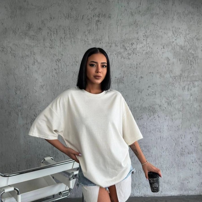 Kadın Düz T-Shirt Kısa Kol Bisiklet Yaka Oversize Rahat Kalıp Günlük Tişört - Beyaz
