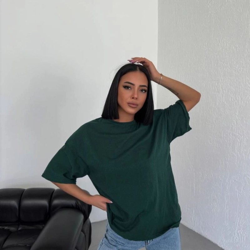 Kadın Düz T-Shirt Kısa Kol Bisiklet Yaka Oversize Rahat Kalıp Günlük Tişört - Haki