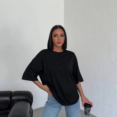 Kadın Düz T-Shirt Kısa Kol Bisiklet Yaka Oversize Tişört - Siyah