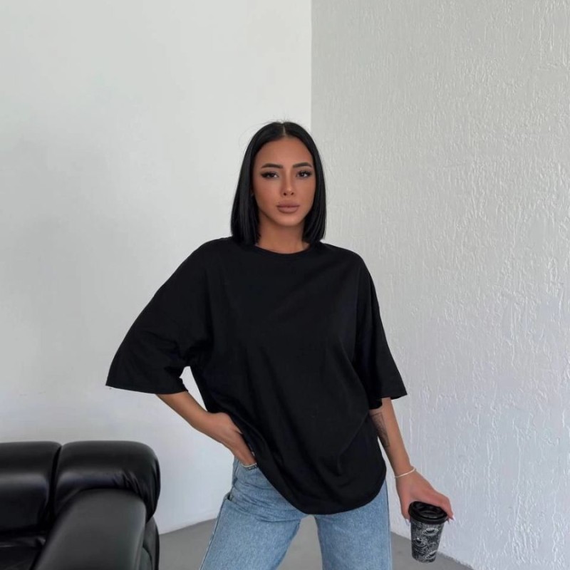 Kadın Düz T-Shirt Kısa Kol Bisiklet Yaka Oversize Tişört - Siyah