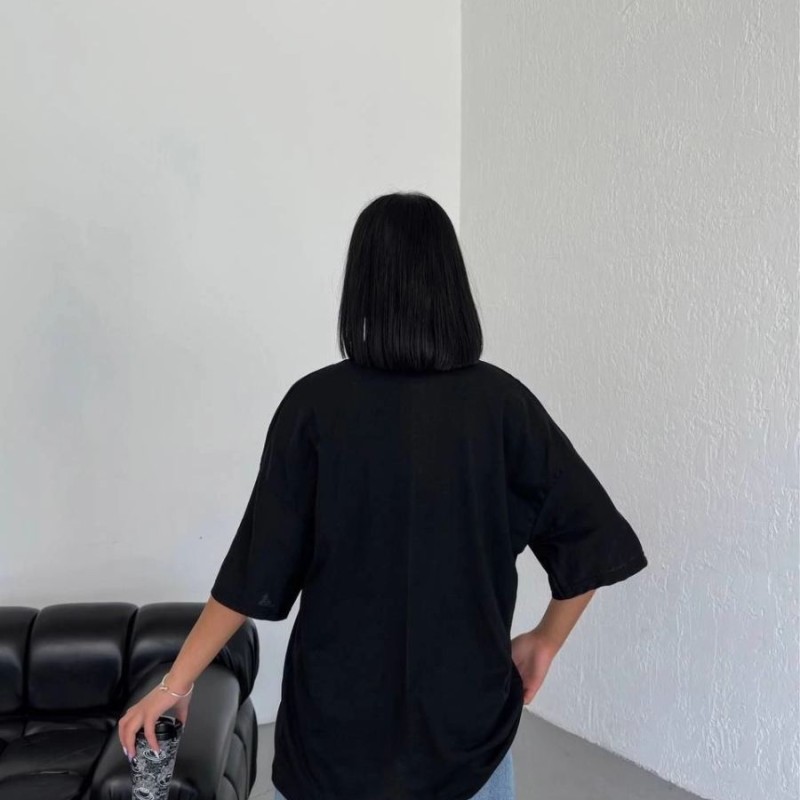 Kadın Düz T-Shirt Kısa Kol Bisiklet Yaka Oversize Tişört - Siyah