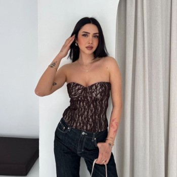 Kadın Fermuarlı Dantel Korse Straplez Bustiyer Transparan Şık Top - Kahverengi