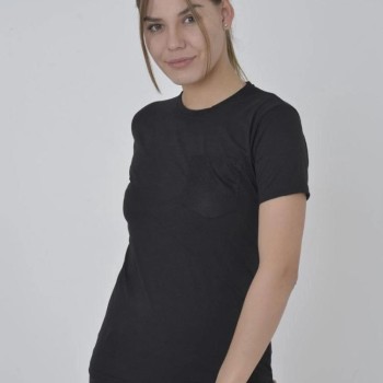 Kadın File Cepli T-Shirt Kısa Kol Bisiklet Yaka Slimfit Tişört  - Siyah