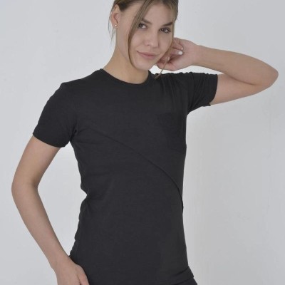 Kadın File Cepli T-Shirt Kısa Kol Bisiklet Yaka Slimfit Tişört  - Siyah