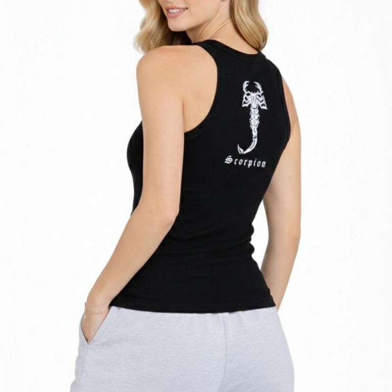 Kadın Fitilli Atlet Sıfır Yaka Slim Fit Arka Baskılı Spor Atlet - Siyah