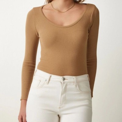 Kadın Fitilli Likralı Body Crop - Camel