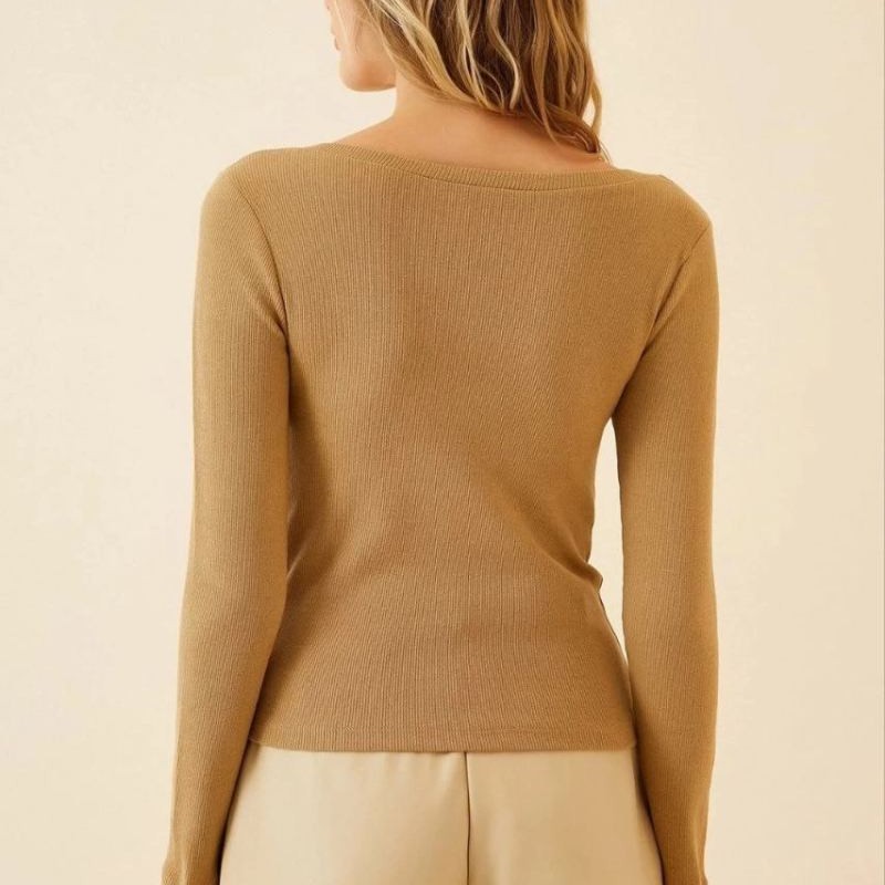 Kadın Fitilli Likralı Body Crop - Camel