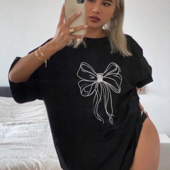 Kadın Fiyonk Baskılı T-Shirt Kısa Kol Bisiklet Yaka Oversize Tişört - Siyah