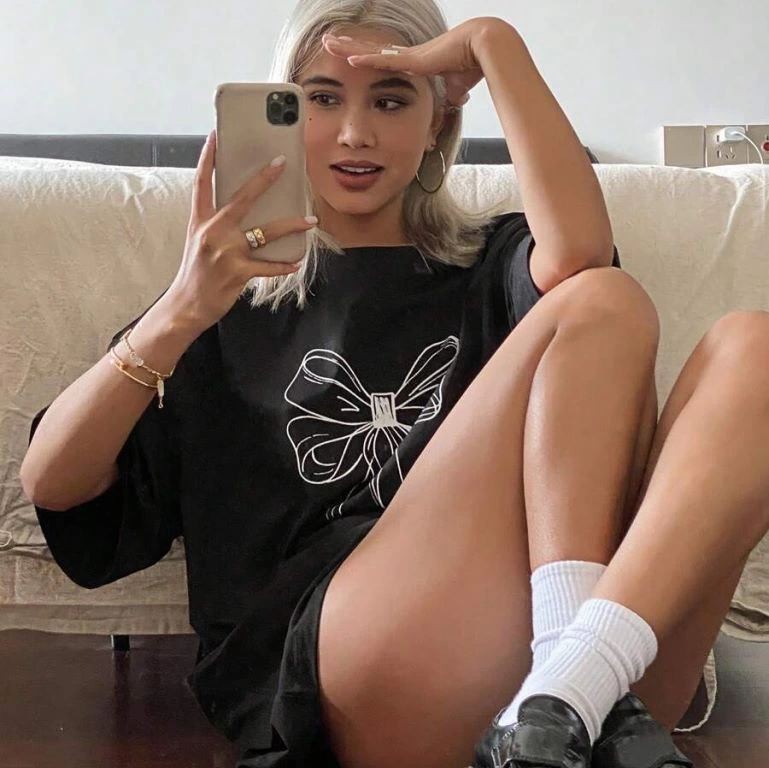 Kadın Fiyonk Baskılı T-Shirt Kısa Kol Bisiklet Yaka Oversize Tişört - Siyah