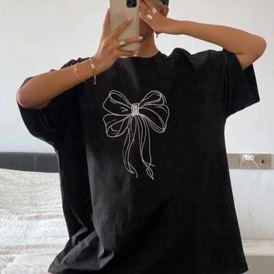 Kadın Fiyonk Baskılı T-Shirt Kısa Kol Bisiklet Yaka Oversize Tişört - Siyah