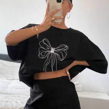 Kadın Fiyonk Baskılı T-Shirt Kısa Kol Bisiklet Yaka Oversize Tişört - Siyah