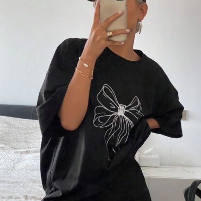 Kadın Fiyonk Baskılı T-Shirt Kısa Kol Bisiklet Yaka Oversize Tişört - Siyah
