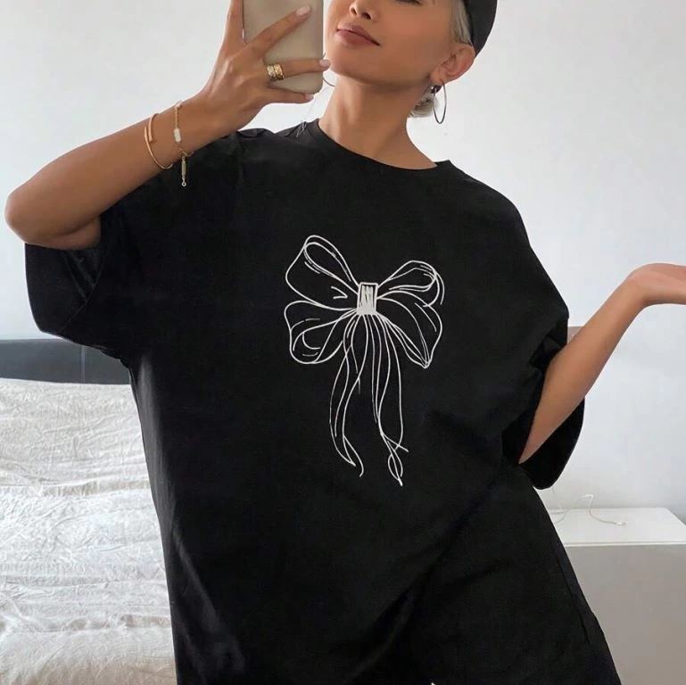 Kadın Fiyonk Baskılı T-Shirt Kısa Kol Bisiklet Yaka Oversize Tişört - Siyah