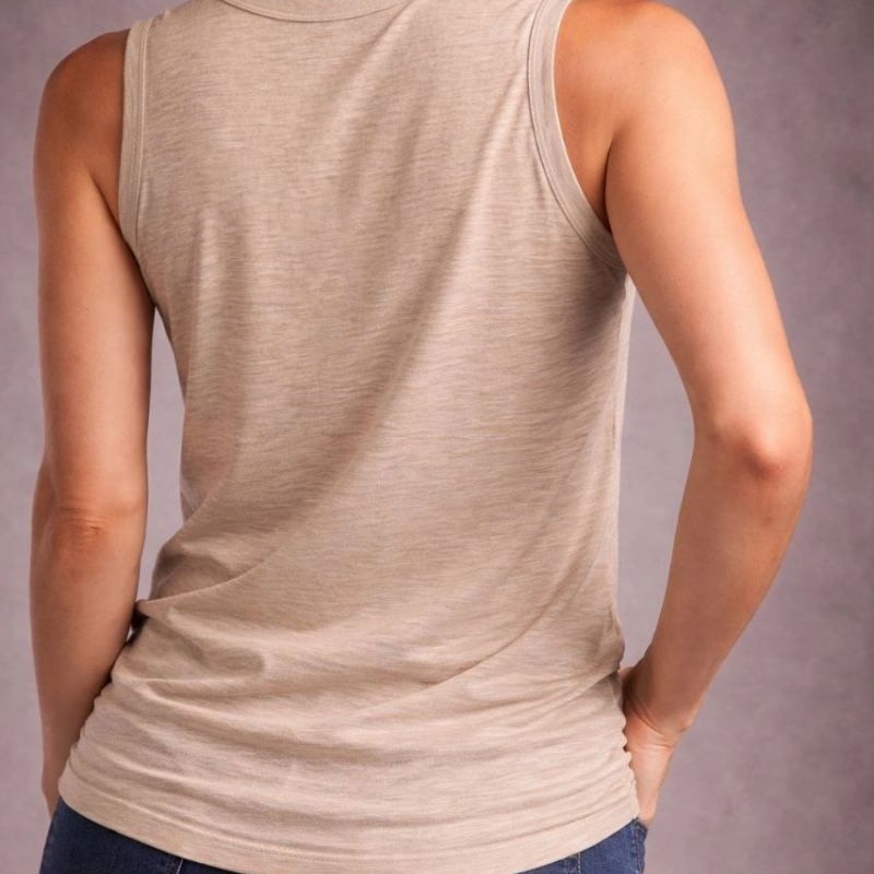 Kadın Flamlı Kumaş Kolsuz Atlet Günlük Fitness Spor T-Shirt - Taş