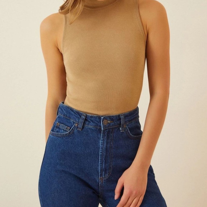 Kadın Full Likralı Fitilli Kaşkorse Body - Camel