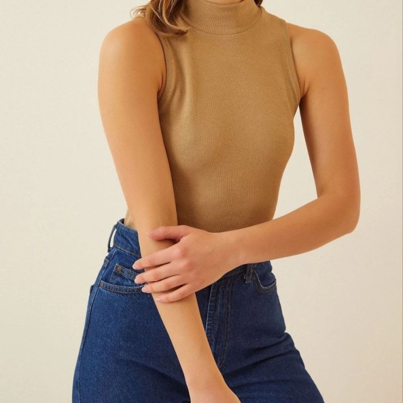 Kadın Full Likralı Fitilli Kaşkorse Body - Camel