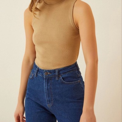 Kadın Full Likralı Fitilli Kaşkorse Body - Camel