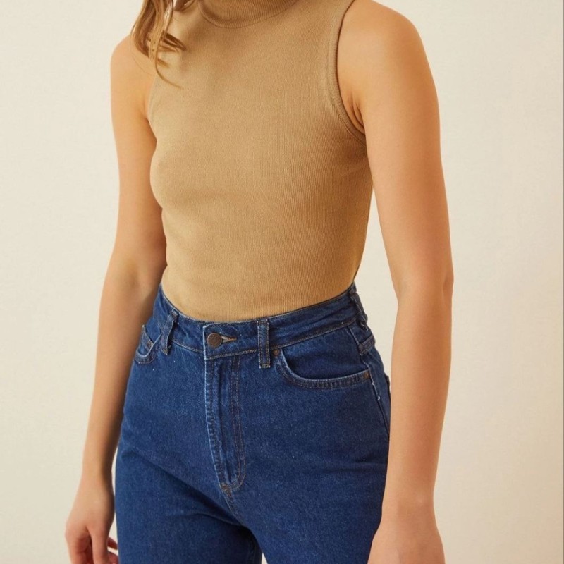 Kadın Full Likralı Fitilli Kaşkorse Body - Camel