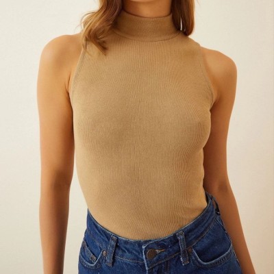 Kadın Full Likralı Fitilli Kaşkorse Body - Camel
