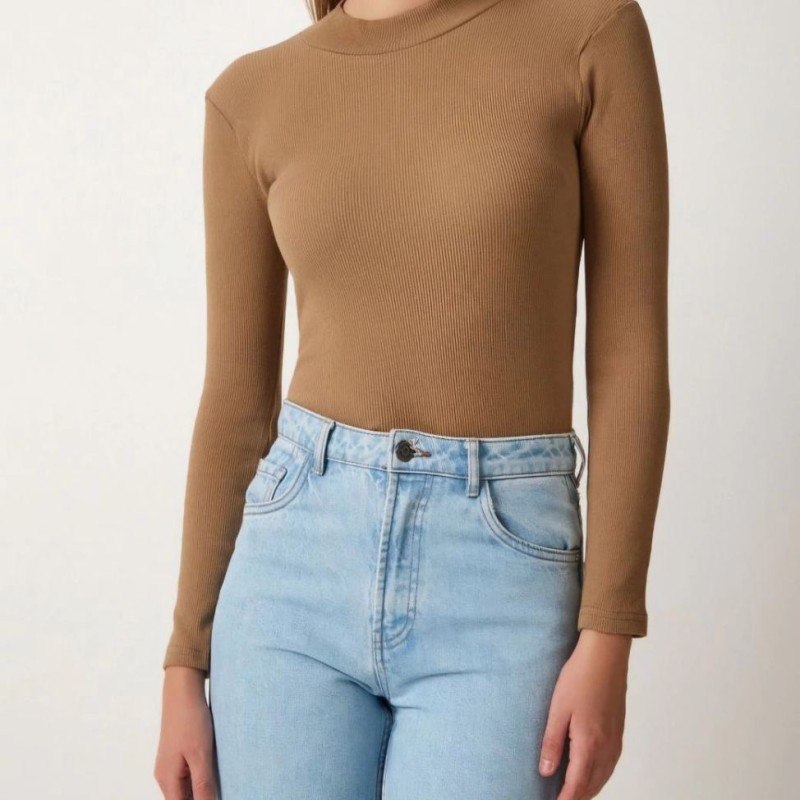 Kadın Full Likralı Fitilli Kaşkorse Body - Kahve