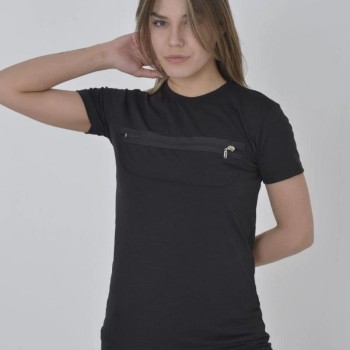 Kadın Gögüs Fermuarlı T-Shirt Kısa Kol Bisiklet Yaka Slimfit Tişört - Siyah