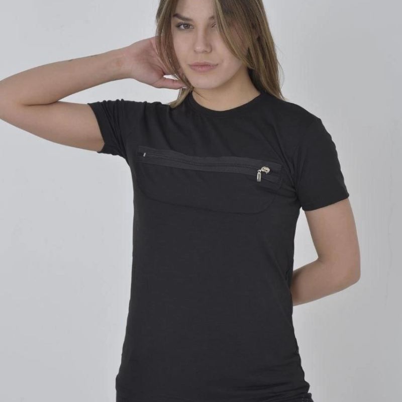 Kadın Gögüs Fermuarlı T-Shirt Kısa Kol Bisiklet Yaka Slimfit Tişört - Siyah