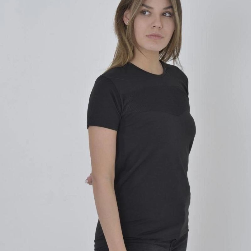Kadın Gögüs Fileli T-Shirt Kısa Kol Bisiklet Yaka Slimfit Tişört   - Siyah