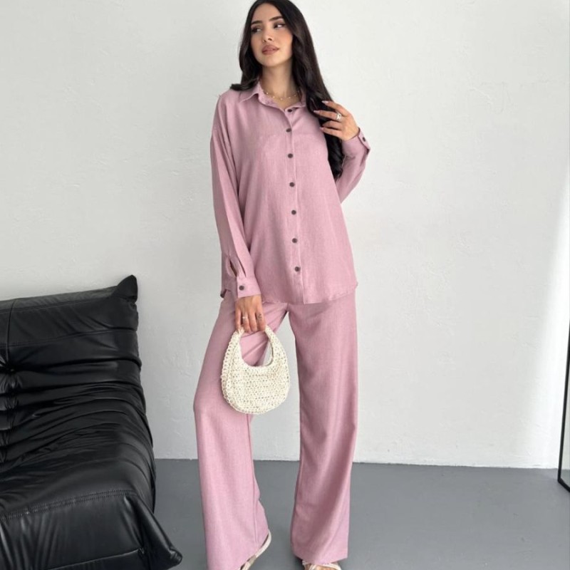 Kadın Gömlek Pantolon ikili Alt-Üst Takım - Toz Pembe