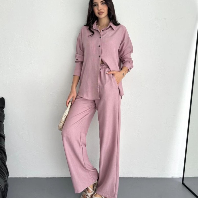 Kadın Gömlek Pantolon ikili Alt-Üst Takım - Toz Pembe
