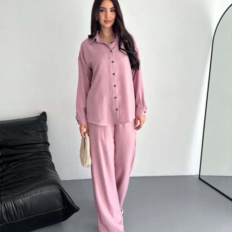 Kadın Gömlek Pantolon ikili Alt-Üst Takım - Toz Pembe