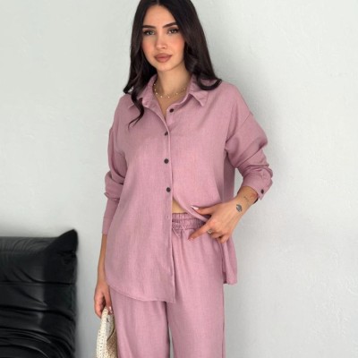 Kadın Gömlek Pantolon ikili Alt-Üst Takım - Toz Pembe