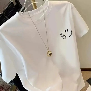 Kadın Gülücük Baskılı Tişört Kısa Kol Bisiklet Yaka Oversize T-Shirt - Beyaz