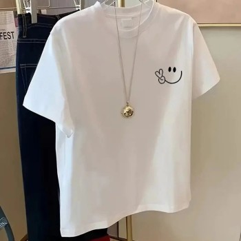 Kadın Gülücük Baskılı Tişört Kısa Kol Bisiklet Yaka Oversize T-Shirt - Beyaz