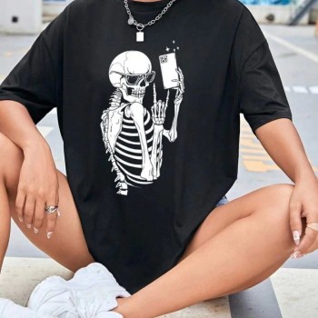 Kadın iskelet Baskılı T-Shirt Kısa Kol Bisiklet Yaka Oversize Tişört - Siyah