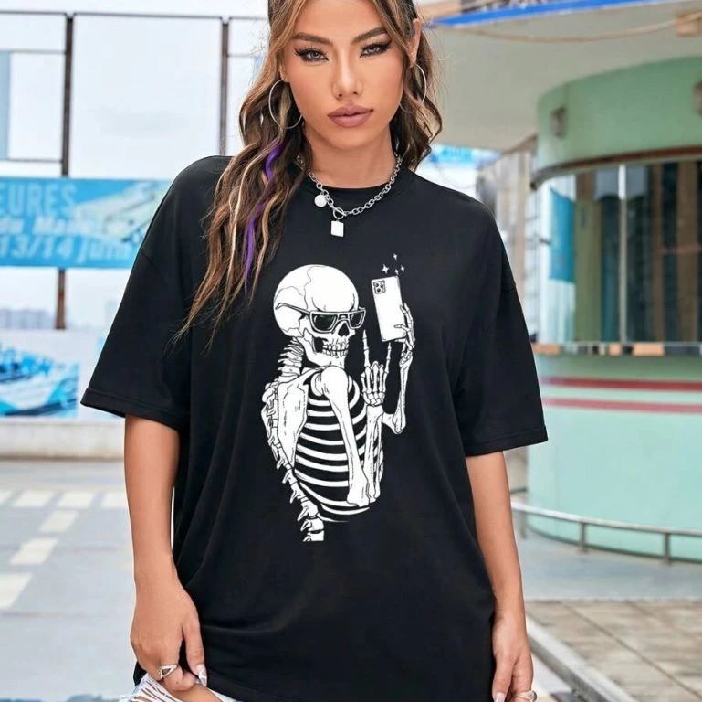 Kadın iskelet Baskılı T-Shirt Kısa Kol Bisiklet Yaka Oversize Tişört - Siyah