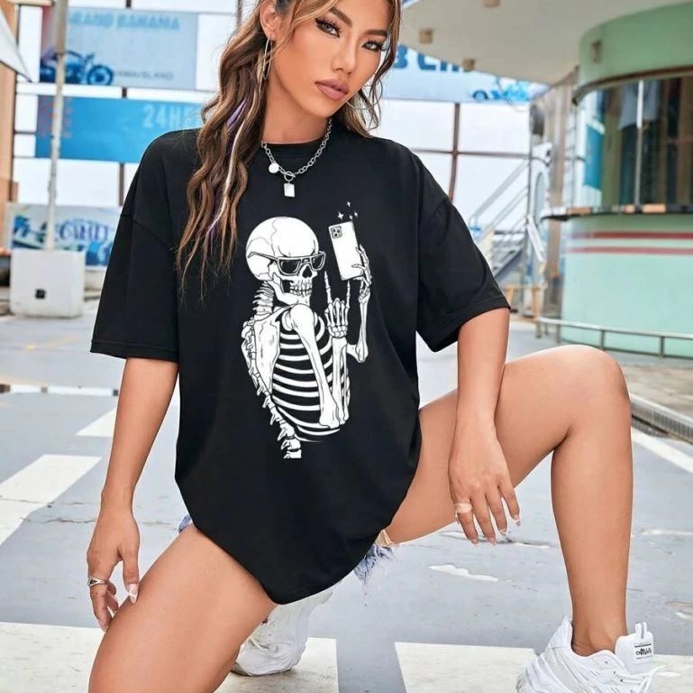 Kadın iskelet Baskılı T-Shirt Kısa Kol Bisiklet Yaka Oversize Tişört - Siyah