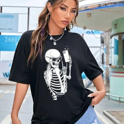Kadın iskelet Baskılı T-Shirt Kısa Kol Bisiklet Yaka Oversize Tişört - Siyah