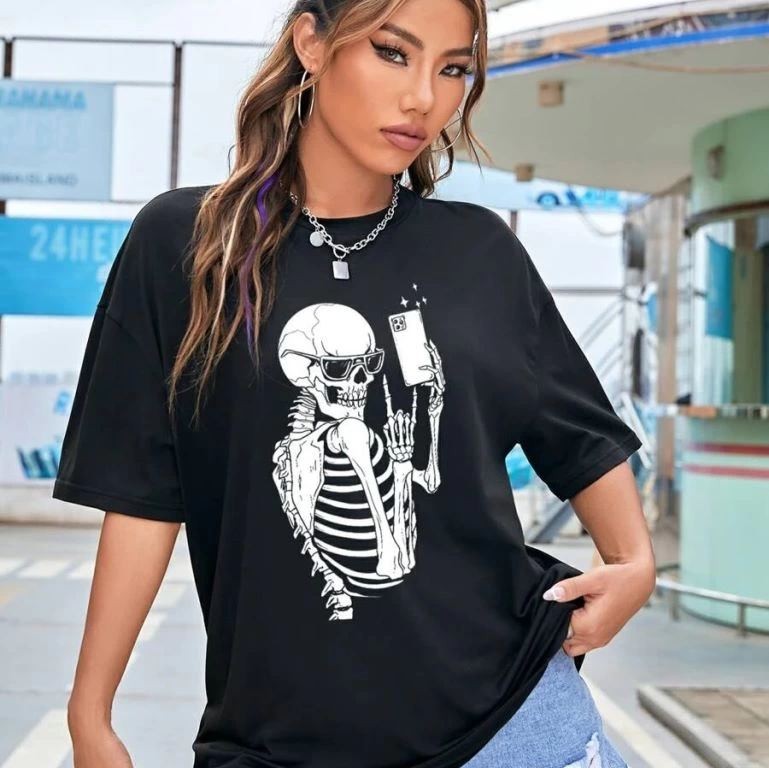 Kadın iskelet Baskılı T-Shirt Kısa Kol Bisiklet Yaka Oversize Tişört - Siyah