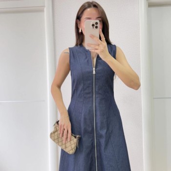 Kadın Jeans Kot Önü Tam Fermuarlı  Uzun Elbise - Mavi